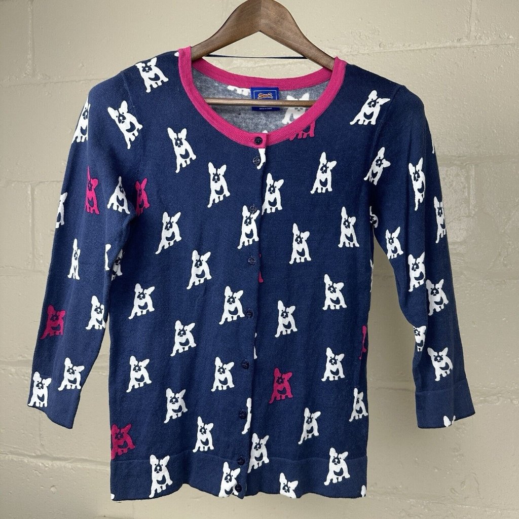 Le Tigre Bulldog Dog Cardigan Sweater W/ Buttons, Womens Size Small